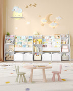Hzuaneri Children's Shelf with Newspaper Rack, Children's Bookshelf with 2 Columns, 4 Shelves, Toy Shelf, Children's Storage Box, for Children's Room, Living Room 30 x 105 x 100 cm, White KB12003W