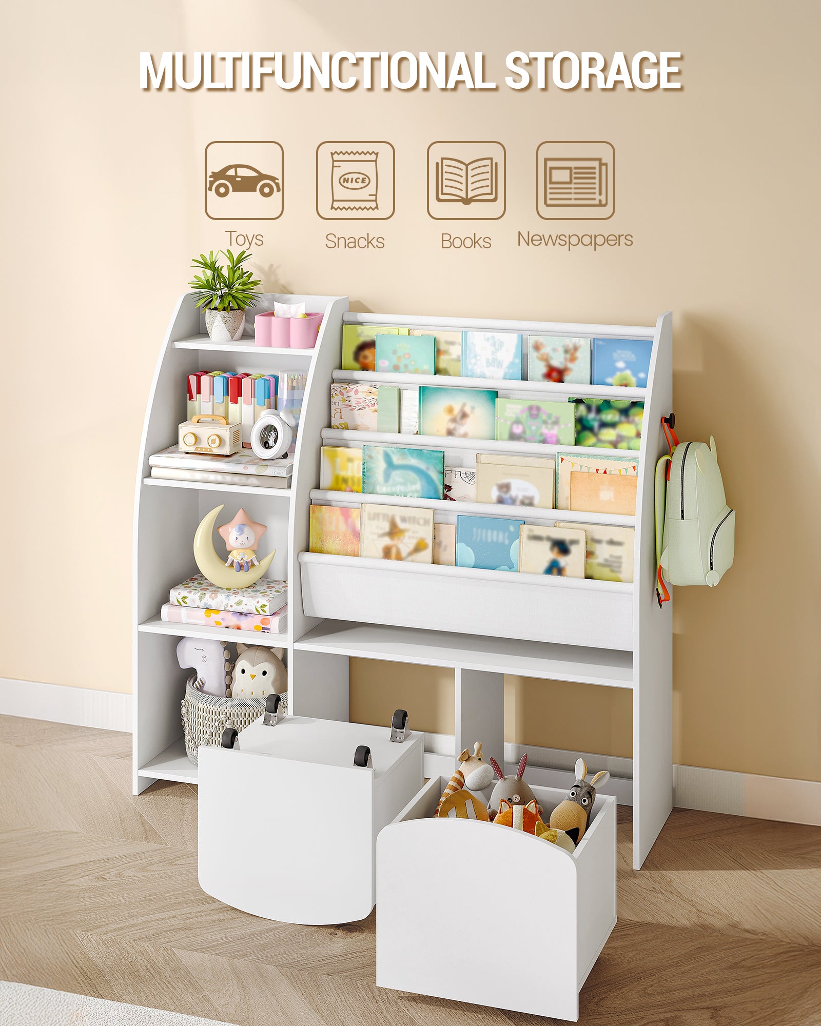 Hzuaneri Children's Shelf with Newspaper Rack, Children's Bookshelf with 2 Columns, 4 Shelves, Toy Shelf, Children's Storage Box, for Children's Room, Living Room 30 x 105 x 100 cm, White KB12003W