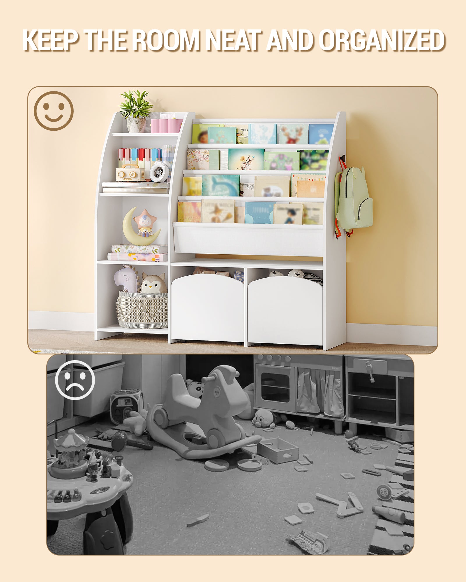 Hzuaneri Children's Shelf with Newspaper Rack, Children's Bookshelf with 2 Columns, 4 Shelves, Toy Shelf, Children's Storage Box, for Children's Room, Living Room 30 x 105 x 100 cm, White KB12003W