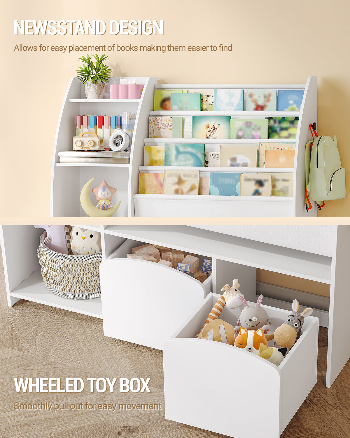 Hzuaneri Children's Shelf with Newspaper Rack, Children's Bookshelf with 2 Columns, 4 Shelves, Toy Shelf, Children's Storage Box, for Children's Room, Living Room 30 x 105 x 100 cm, White KB12003W
