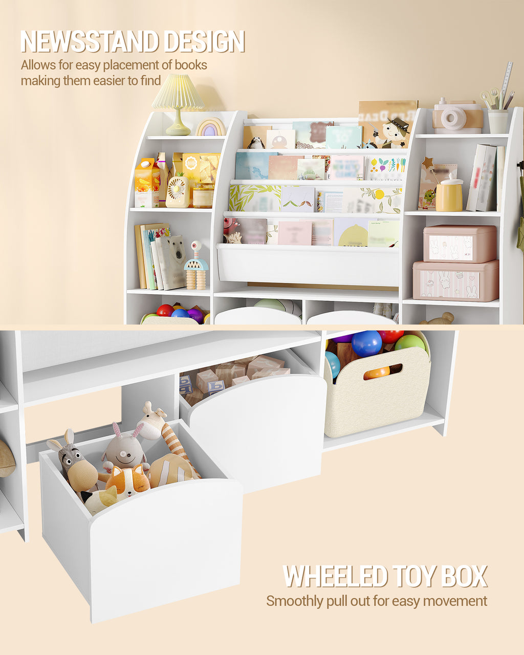 Hzuaneri Children's Shelf with Newspaper Rack, Children's Bookshelf with 3 Columns, 4 Shelves, Toy Shelf, Children's Storage Box, for Children's Room, Living Room, 30 x 140 x 100 cm KB13003W