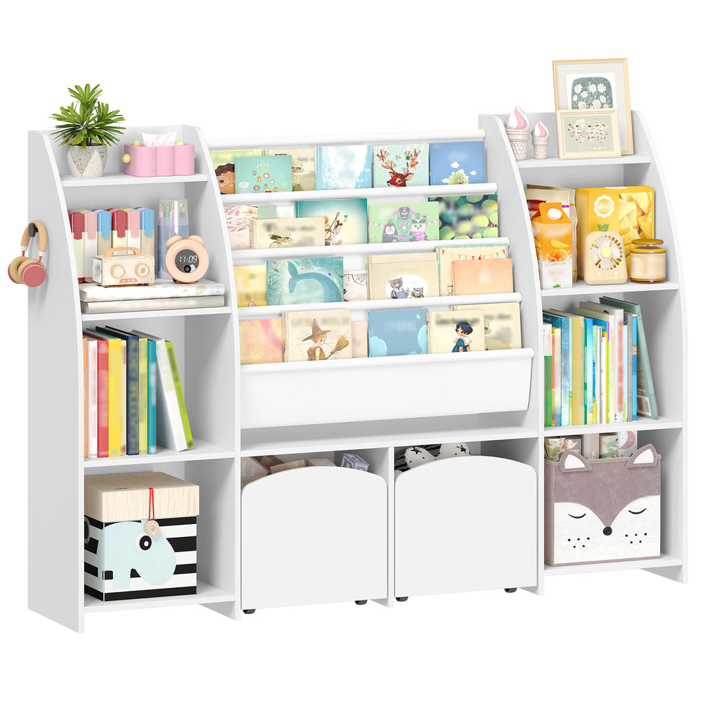 Hzuaneri Children's Shelf with Newspaper Rack, Children's Bookshelf with 3 Columns, 4 Shelves, Toy Shelf, Children's Storage Box, for Children's Room, Living Room, 30 x 140 x 100 cm KB13003W