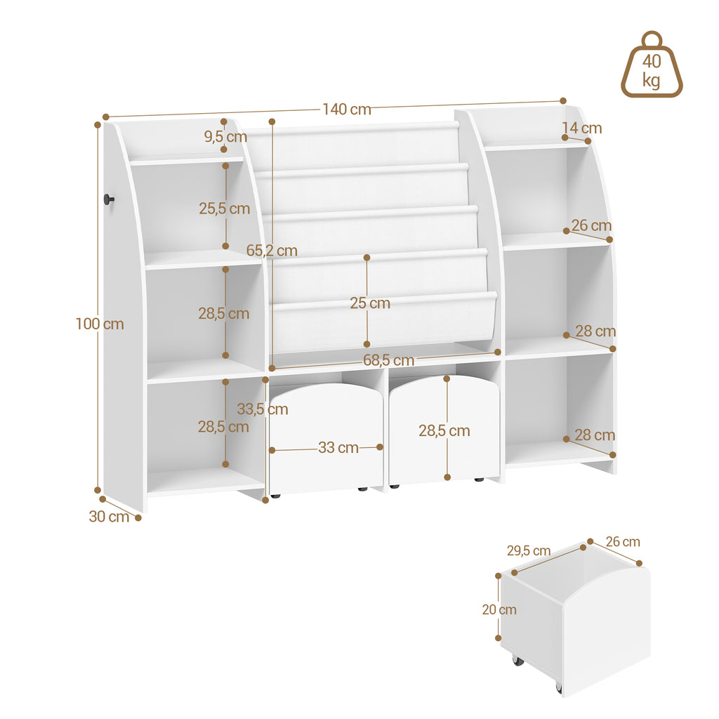 Hzuaneri Children's Shelf with Newspaper Rack, Children's Bookshelf with 3 Columns, 4 Shelves, Toy Shelf, Children's Storage Box, for Children's Room, Living Room, 30 x 140 x 100 cm KB13003W