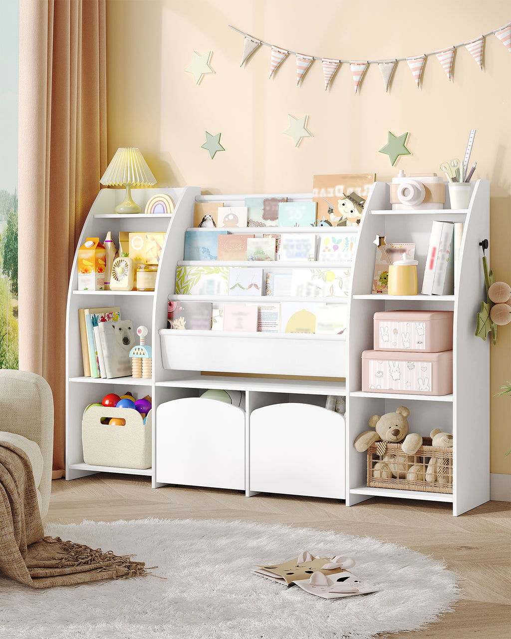 Hzuaneri Children's Shelf with Newspaper Rack, Children's Bookshelf with 3 Columns, 4 Shelves, Toy Shelf, Children's Storage Box, for Children's Room, Living Room, 30 x 140 x 100 cm KB13003W