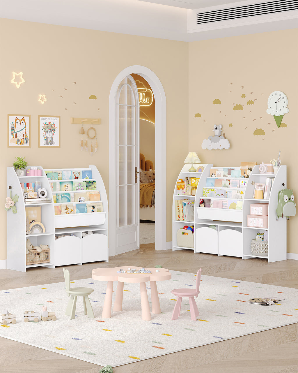 Hzuaneri Children's Shelf with Newspaper Rack, Children's Bookshelf with 3 Columns, 4 Shelves, Toy Shelf, Children's Storage Box, for Children's Room, Living Room, 30 x 140 x 100 cm KB13003W