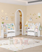 Hzuaneri Children's Shelf with Newspaper Rack, Children's Bookshelf with 3 Columns, 4 Shelves, Toy Shelf, Children's Storage Box, for Children's Room, Living Room, 30 x 140 x 100 cm KB13003W