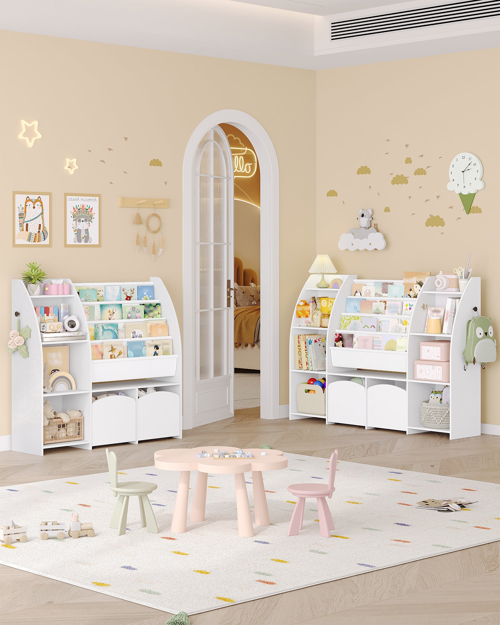 Hzuaneri Children's Shelf with Newspaper Rack, Children's Bookshelf with 3 Columns, 4 Shelves, Toy Shelf, Children's Storage Box, for Children's Room, Living Room, 30 x 140 x 100 cm KB13003W