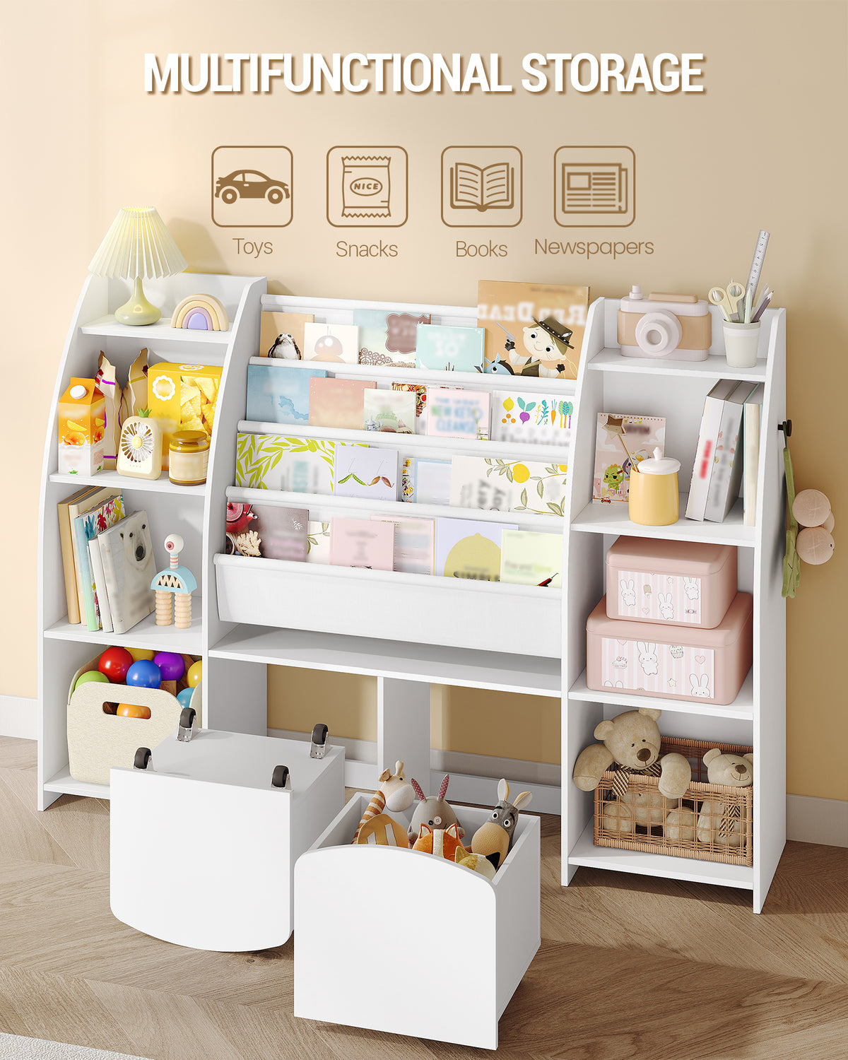 Hzuaneri Children's Shelf with Newspaper Rack, Children's Bookshelf with 3 Columns, 4 Shelves, Toy Shelf, Children's Storage Box, for Children's Room, Living Room, 30 x 140 x 100 cm KB13003W