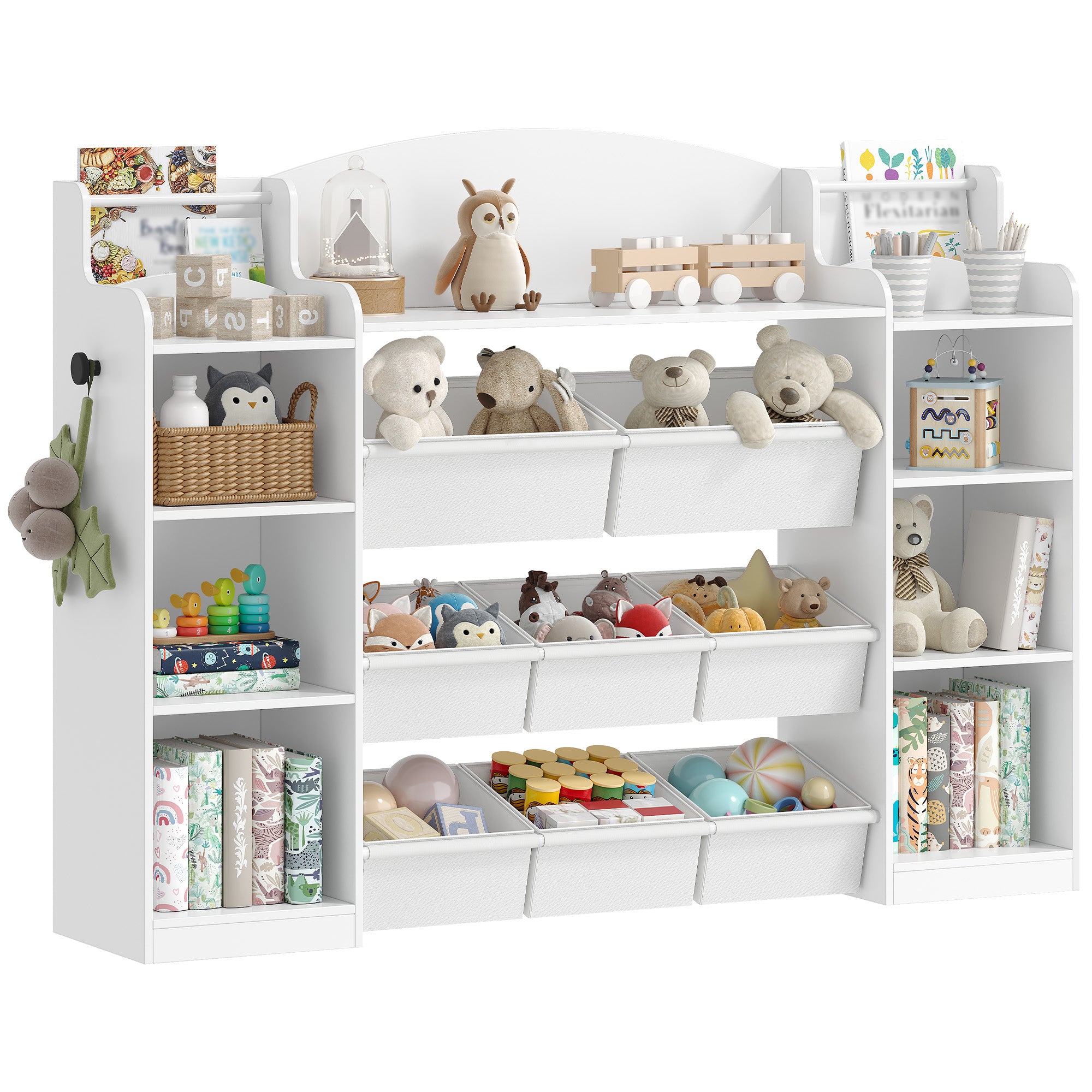 Hzuaneri Children's Shelf, Wooden Bookshelf for Kids, Toy Shelf with 8 Fabric Drawers for Children's Room, Living Room, Study, White, 30 x 140 x 104 cm, KB43003W