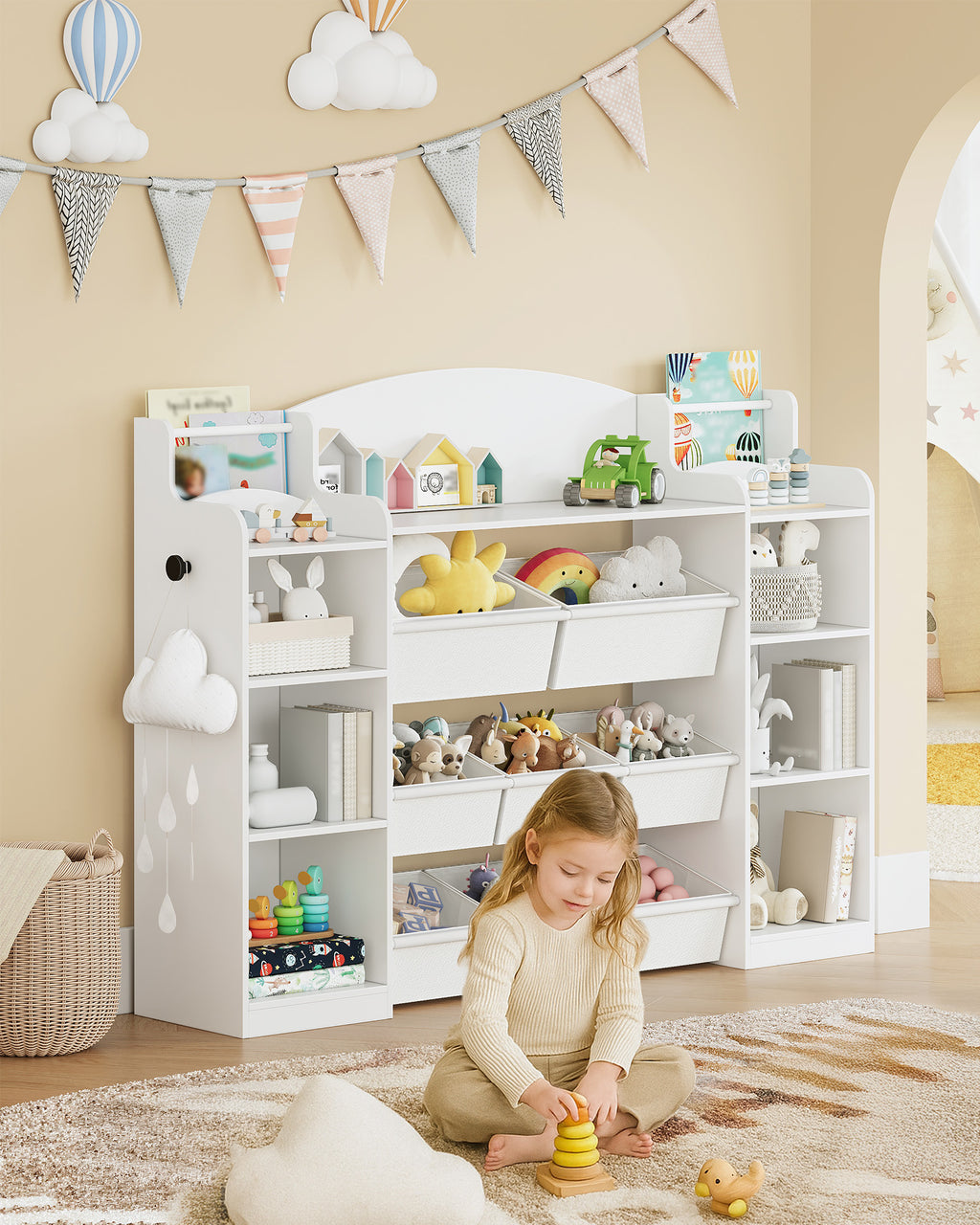 Hzuaneri Children's Shelf, Wooden Bookshelf for Kids, Toy Shelf with 8 Fabric Drawers for Children's Room, Living Room, Study, White, 30 x 140 x 104 cm, KB43003W