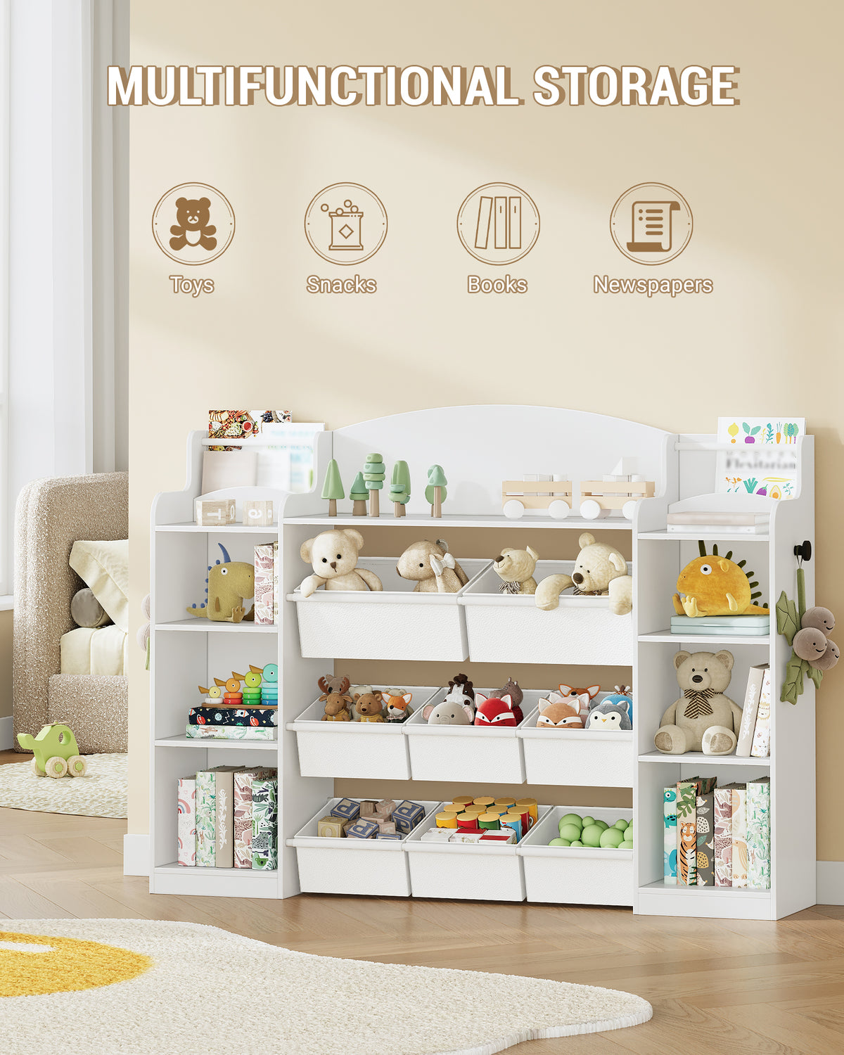 Hzuaneri Children's Shelf, Wooden Bookshelf for Kids, Toy Shelf with 8 Fabric Drawers for Children's Room, Living Room, Study, White, 30 x 140 x 104 cm, KB43003W