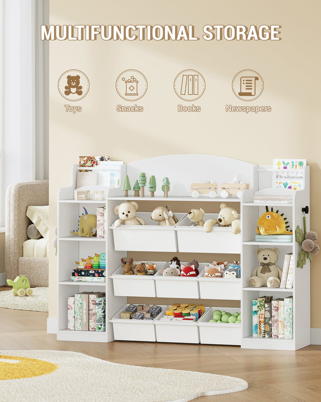 Hzuaneri Children's Shelf, Wooden Bookshelf for Kids, Toy Shelf with 8 Fabric Drawers for Children's Room, Living Room, Study, White, 30 x 110 x 104 cm, KB42003W