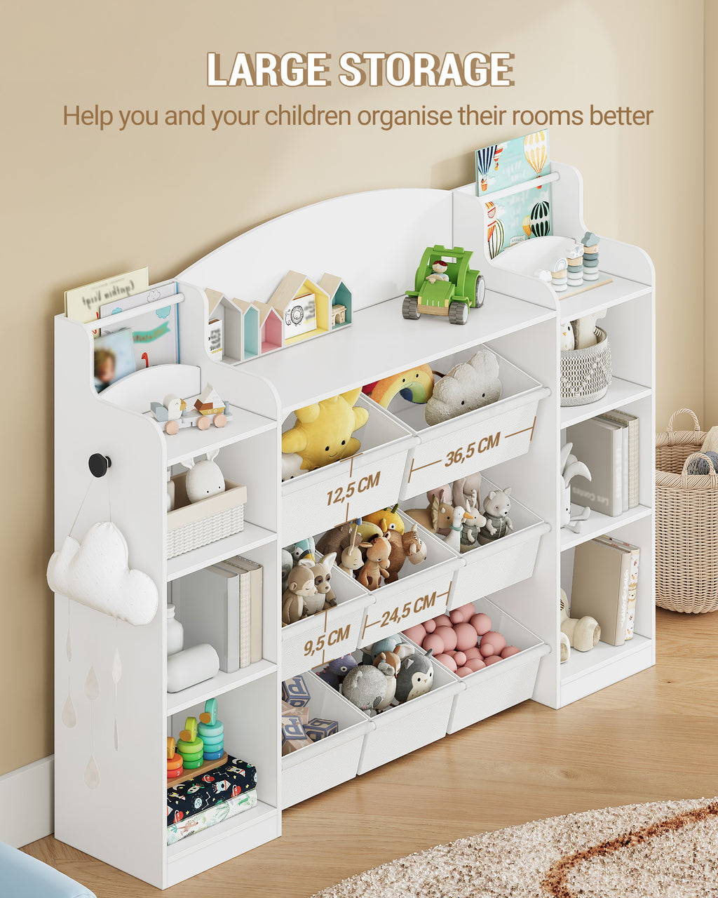 Hzuaneri Children's Shelf, Wooden Bookshelf for Kids, Toy Shelf with 8 Fabric Drawers for Children's Room, Living Room, Study, White, 30 x 140 x 104 cm, KB43003W