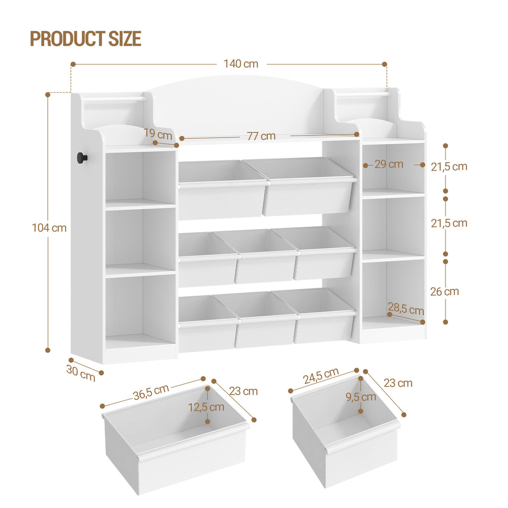 Hzuaneri Children's Shelf, Wooden Bookshelf for Kids, Toy Shelf with 8 Fabric Drawers for Children's Room, Living Room, Study, White, 30 x 140 x 104 cm, KB43003W