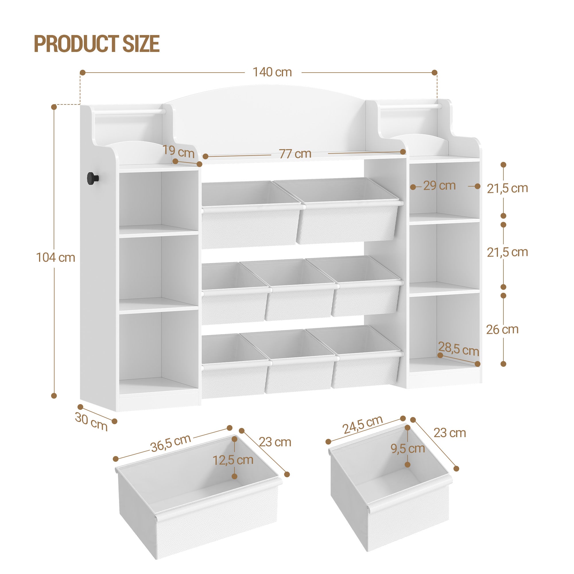 Hzuaneri Children's Shelf, Wooden Bookshelf for Kids, Toy Shelf with 8 Fabric Drawers for Children's Room, Living Room, Study, White, 30 x 140 x 104 cm, KB43003W