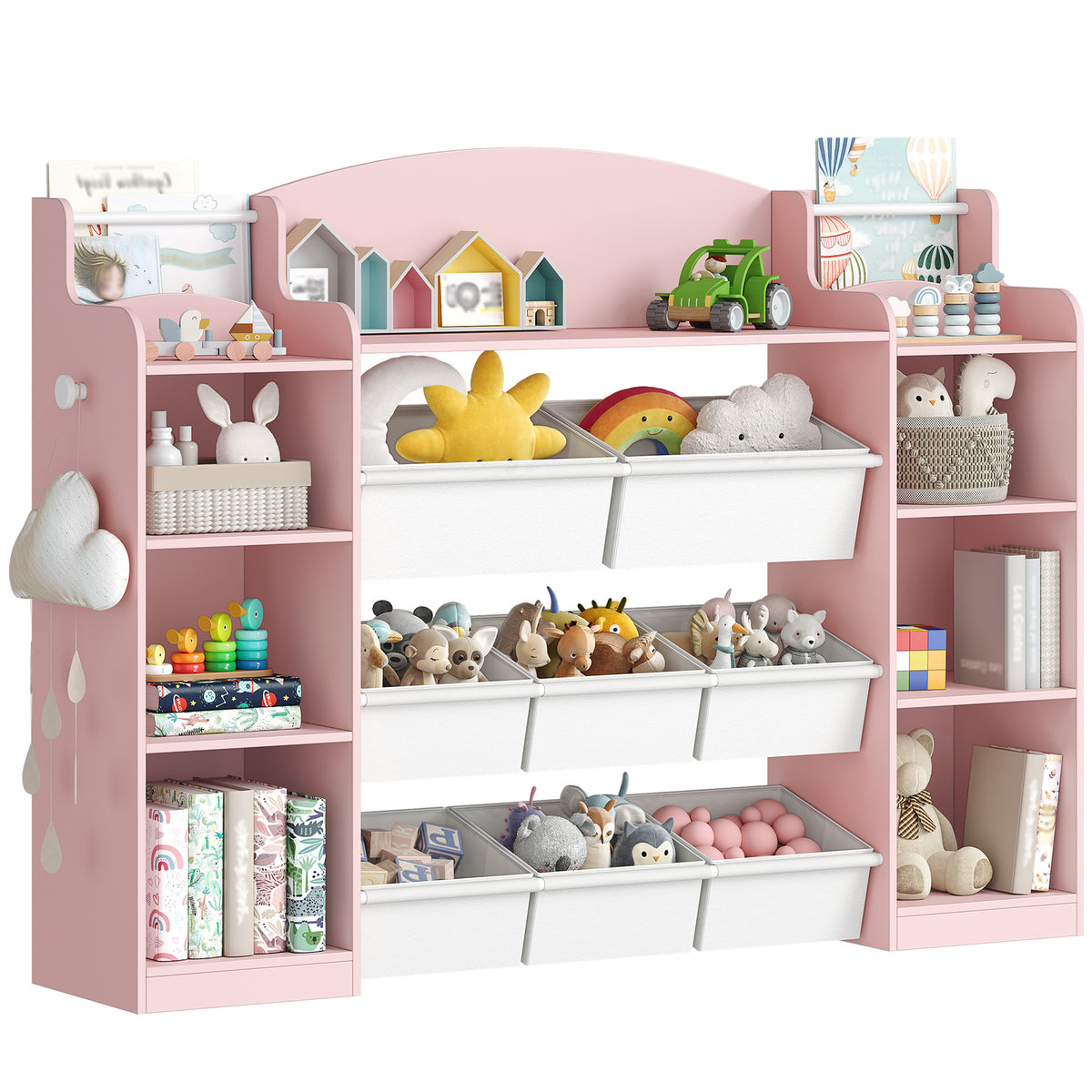 Hzuaneri Children's Shelf, Wooden Bookshelf for Kids, Toy Shelf with 8 Fabric Drawers for Children's Room, Living Room, Study, Pink, 30 x 140 x 104 cm, KB43030W