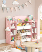 Hzuaneri Children's Shelf, Wooden Bookshelf for Kids, Toy Shelf with 8 Fabric Drawers for Children's Room, Living Room, Study, Pink, 30 x 140 x 104 cm, KB43030W