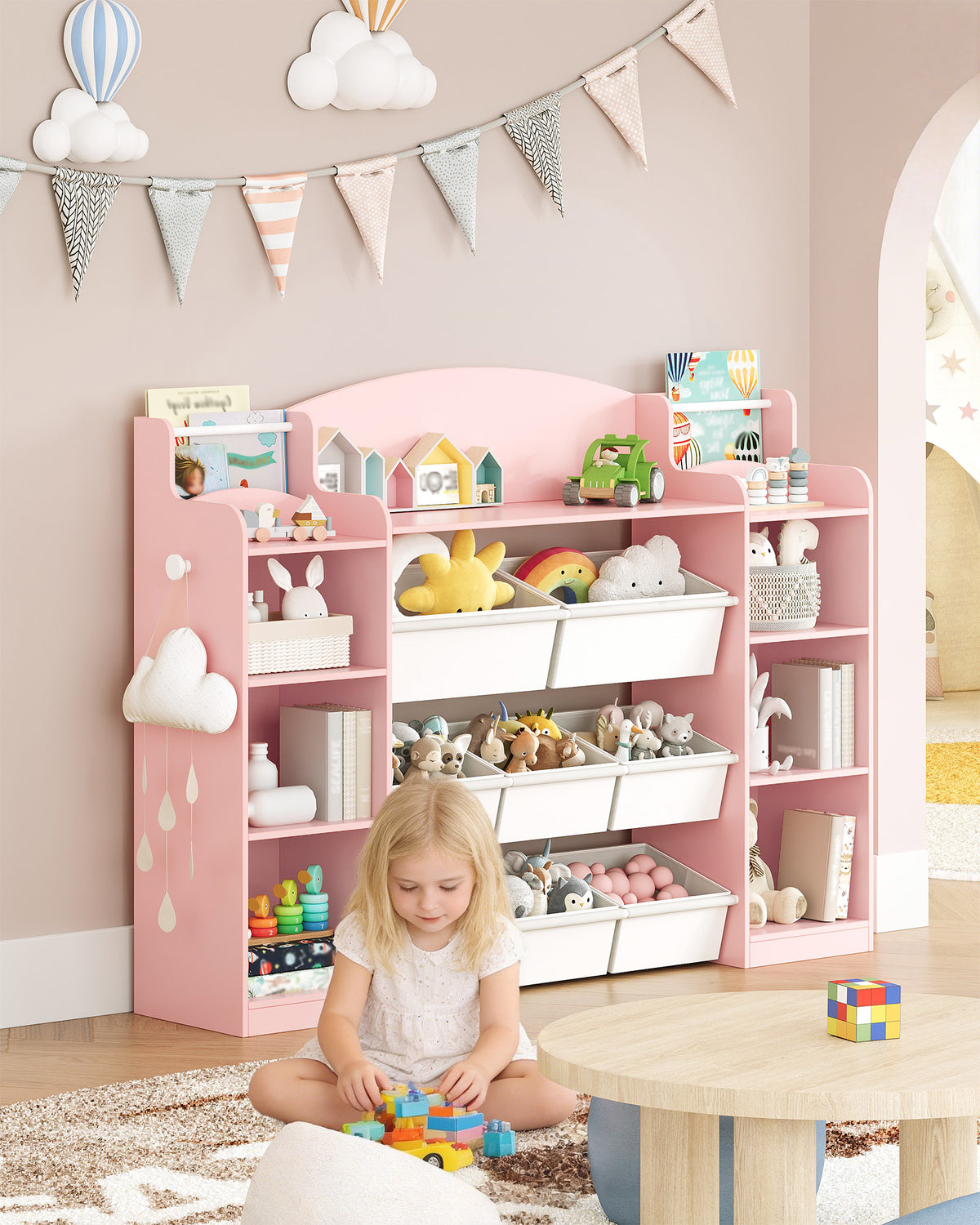 Hzuaneri Children's Shelf, Wooden Bookshelf for Kids, Toy Shelf with 8 Fabric Drawers for Children's Room, Living Room, Study, Pink, 30 x 140 x 104 cm, KB43030W