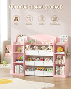 Hzuaneri Children's Shelf, Wooden Bookshelf for Kids, Toy Shelf with 8 Fabric Drawers for Children's Room, Living Room, Study, Pink, 30 x 140 x 104 cm, KB43030W