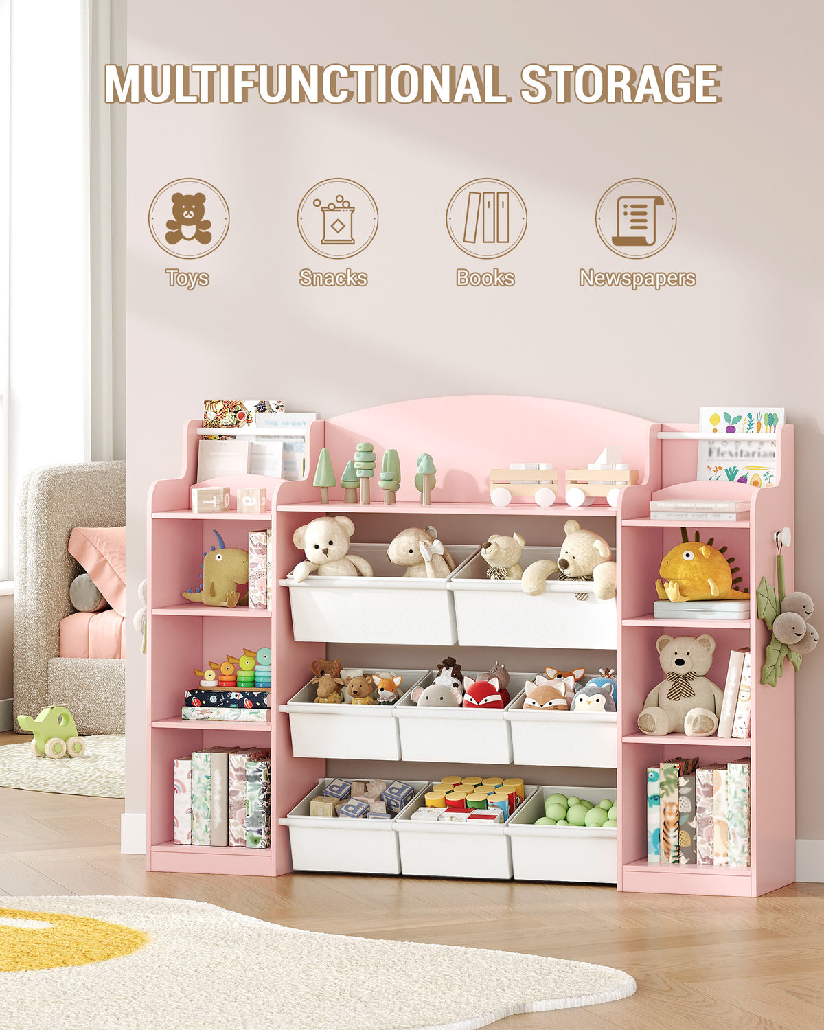 Hzuaneri Children's Shelf, Wooden Bookshelf for Kids, Toy Shelf with 8 Fabric Drawers for Children's Room, Living Room, Study, Pink, 30 x 140 x 104 cm, KB43030W