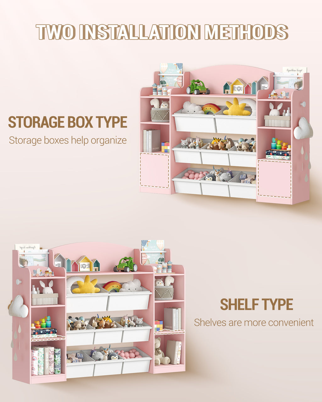Hzuaneri Children's Shelf, Wooden Bookshelf for Kids, Toy Shelf with 8 Fabric Drawers for Children's Room, Living Room, Study, Pink, 30 x 140 x 104 cm, KB43030W