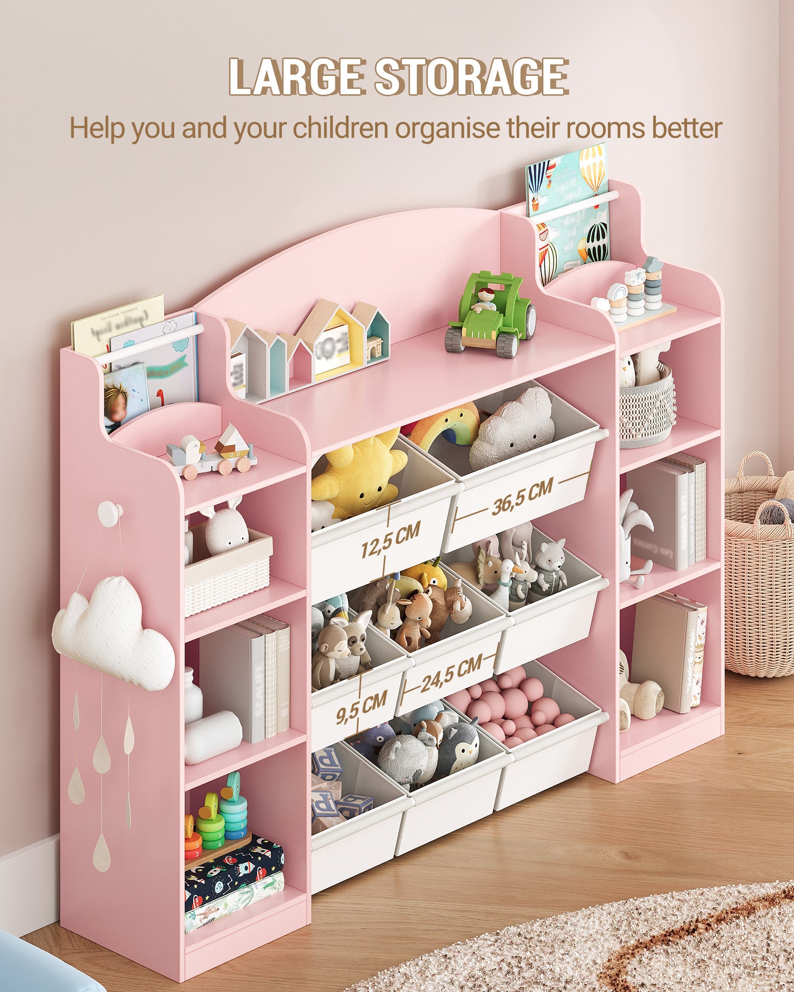 Hzuaneri Children's Shelf, Wooden Bookshelf for Kids, Toy Shelf with 8 Fabric Drawers for Children's Room, Living Room, Study, Pink, 30 x 140 x 104 cm, KB43030W