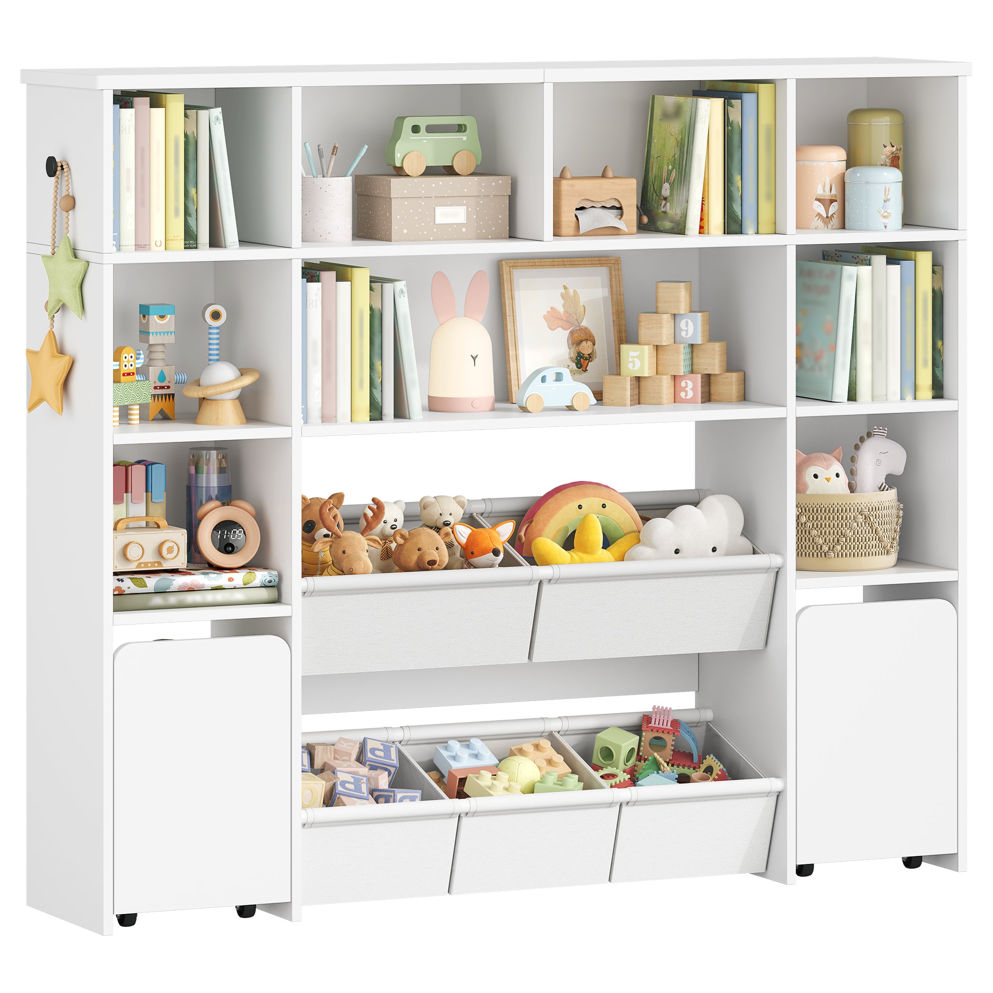 Hzuaneri Children's Shelf with 2 Rollable Storage Boxes, 4-Tier Bookcase, Children's Bookcase, Toy Shelf, Bookcase for Children's Room, Living Room, White, 30 x 140 x 120 cm KB75203W