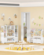 Hzuaneri Children's Shelf with 2 Rollable Storage Boxes, 4-Tier Bookcase, Children's Bookcase, Toy Shelf, Bookcase for Children's Room, Living Room, White, 30 x 140 x 120 cm KB75203W