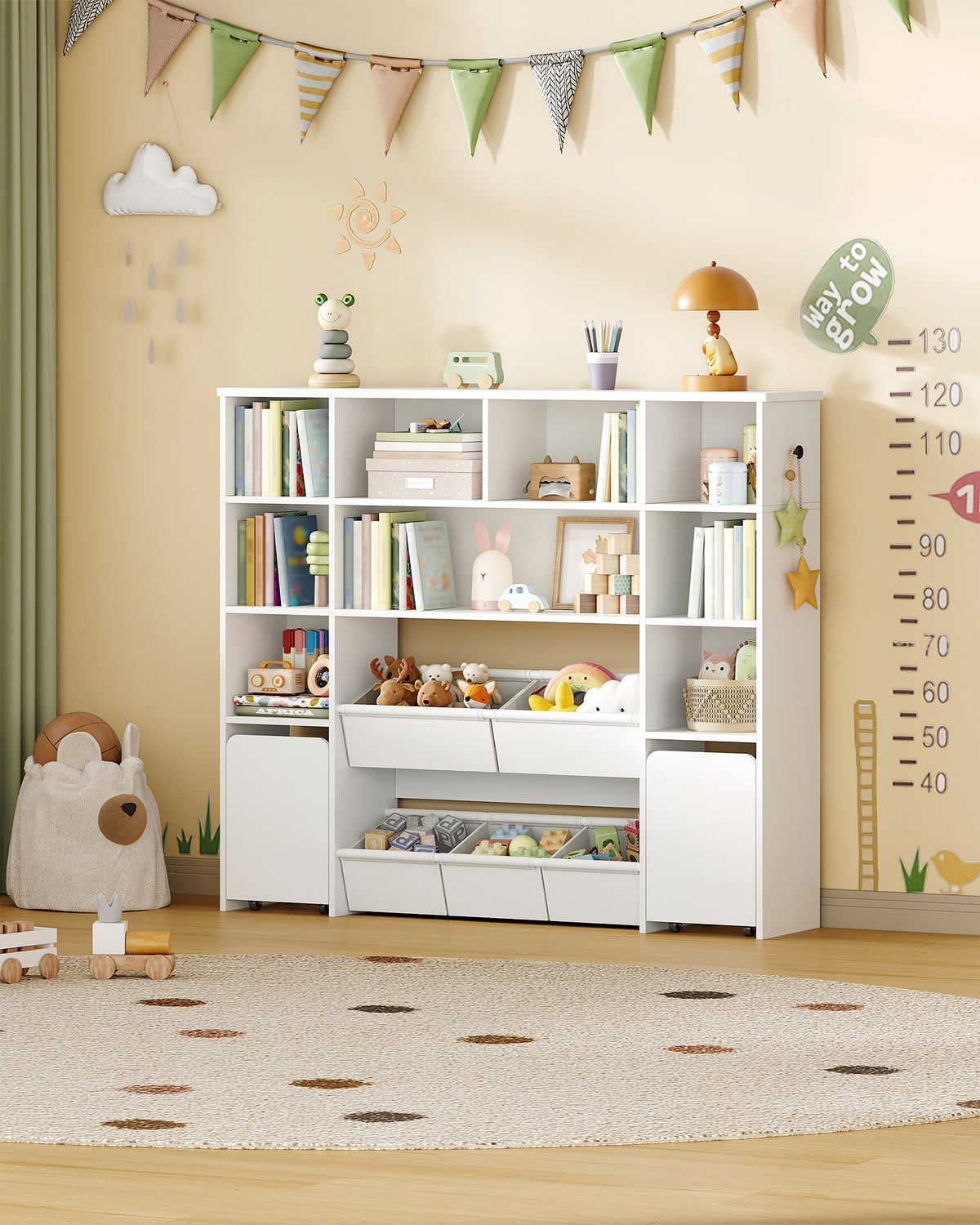 Hzuaneri Children's Shelf with 2 Rollable Storage Boxes, 4-Tier Bookcase, Children's Bookcase, Toy Shelf, Bookcase for Children's Room, Living Room, White, 30 x 140 x 120 cm KB75203W