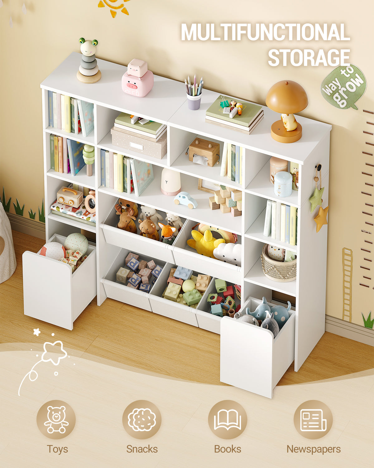 Hzuaneri Children's Shelf with 2 Rollable Storage Boxes, 4-Tier Bookcase, Children's Bookcase, Toy Shelf, Bookcase for Children's Room, Living Room, White, 30 x 140 x 120 cm KB75203W