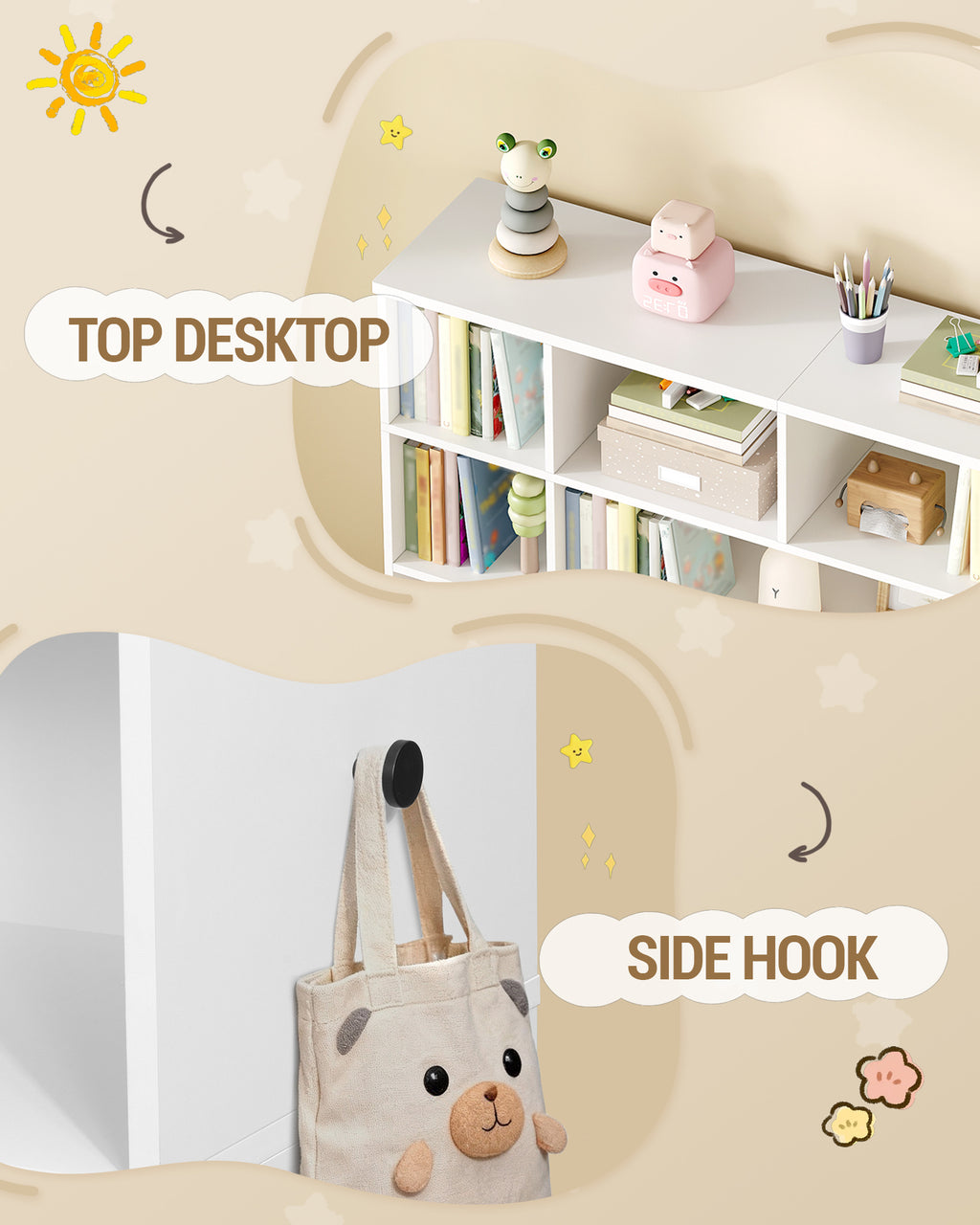 Hzuaneri Children's Shelf with 2 Rollable Storage Boxes, 4-Tier Bookcase, Children's Bookcase, Toy Shelf, Bookcase for Children's Room, Living Room, White, 30 x 140 x 120 cm KB75203W
