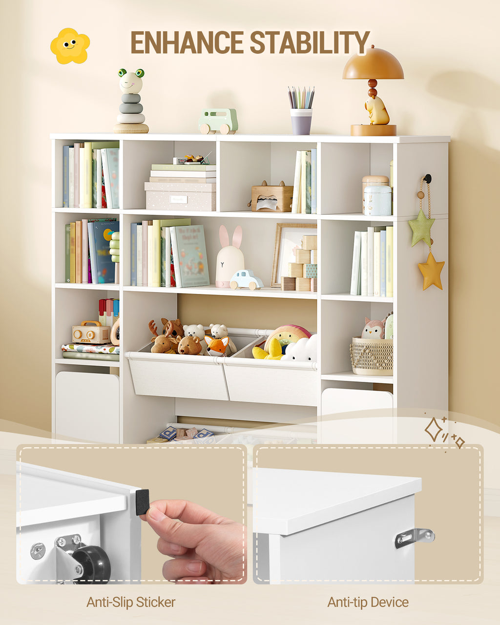 Hzuaneri Children's Shelf with 2 Rollable Storage Boxes, 4-Tier Bookcase, Children's Bookcase, Toy Shelf, Bookcase for Children's Room, Living Room, White, 30 x 140 x 120 cm KB75203W