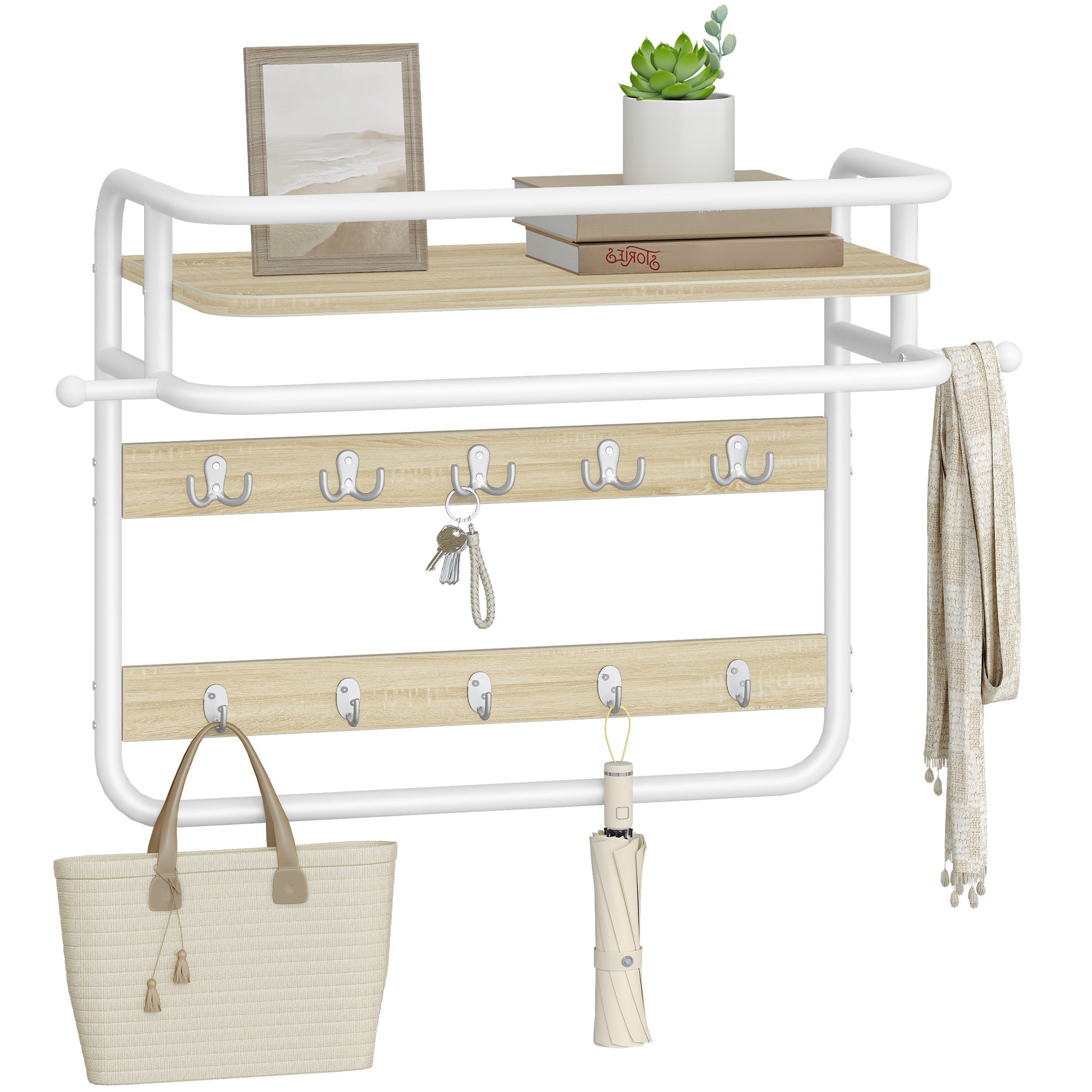 Hzuaneri Wall-Mounted Coat Rack with Storage Shelf, Hanging Shelf with Hanging Rail, 10 Removable Hooks and 2 Fixed Hooks, 30 x 65 x 55 cm, for Hallway, Bedroom, Living Room, White Oak LCR60116W