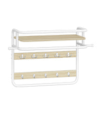 Hzuaneri Wall-Mounted Coat Rack with Storage Shelf, Hanging Shelf with Hanging Rail, 10 Removable Hooks and 2 Fixed Hooks, 30 x 65 x 55 cm, for Hallway, Bedroom, Living Room, White Oak LCR60116W