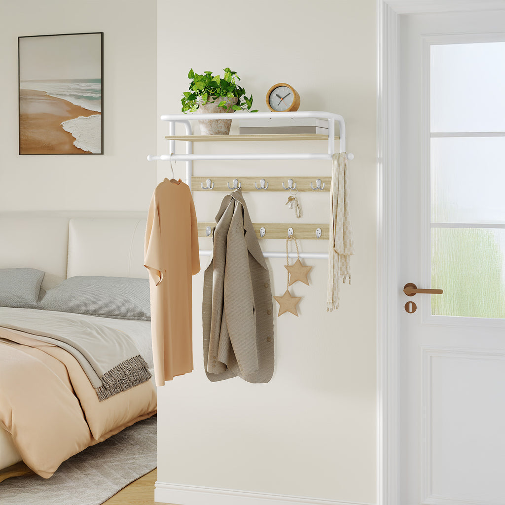 Hzuaneri Wall-Mounted Coat Rack with Storage Shelf, Hanging Shelf with Hanging Rail, 10 Removable Hooks and 2 Fixed Hooks, 30 x 65 x 55 cm, for Hallway, Bedroom, Living Room, White Oak LCR60116W