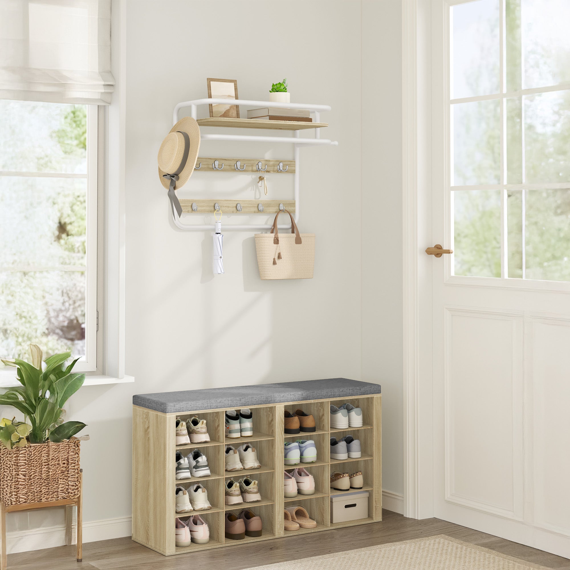Hzuaneri Wall-Mounted Coat Rack with Storage Shelf, Hanging Shelf with Hanging Rail, 10 Removable Hooks and 2 Fixed Hooks, 30 x 65 x 55 cm, for Hallway, Bedroom, Living Room, White Oak LCR60116W