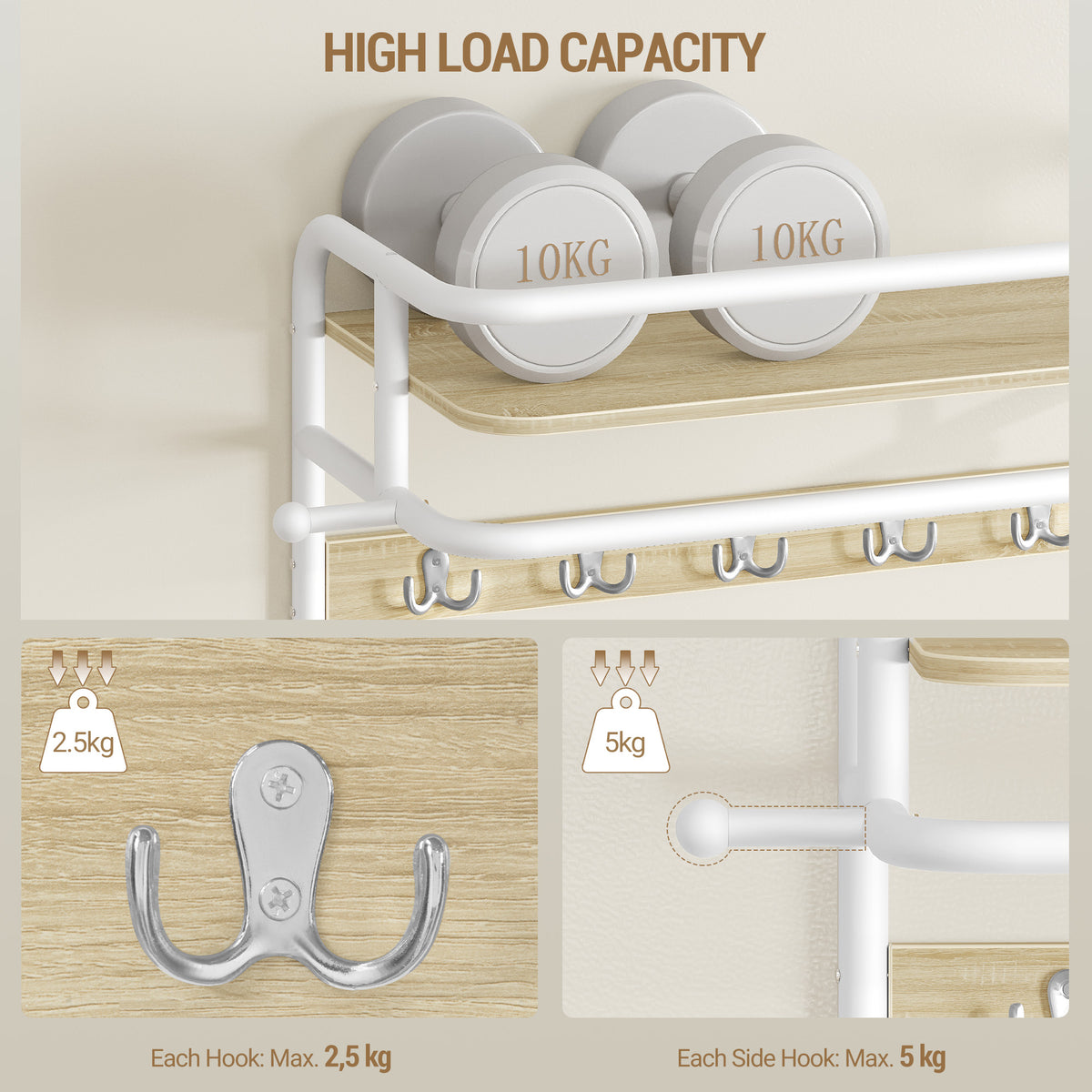 Hzuaneri Wall-Mounted Coat Rack with Storage Shelf, Hanging Shelf with Hanging Rail, 10 Removable Hooks and 2 Fixed Hooks, 30 x 65 x 55 cm, for Hallway, Bedroom, Living Room, White Oak LCR60116W
