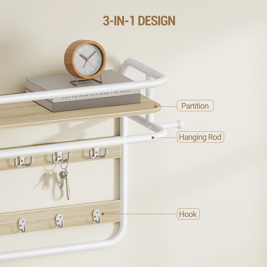 Hzuaneri Wall-Mounted Coat Rack with Storage Shelf, Hanging Shelf with Hanging Rail, 10 Removable Hooks and 2 Fixed Hooks, 30 x 65 x 55 cm, for Hallway, Bedroom, Living Room, White Oak LCR60116W