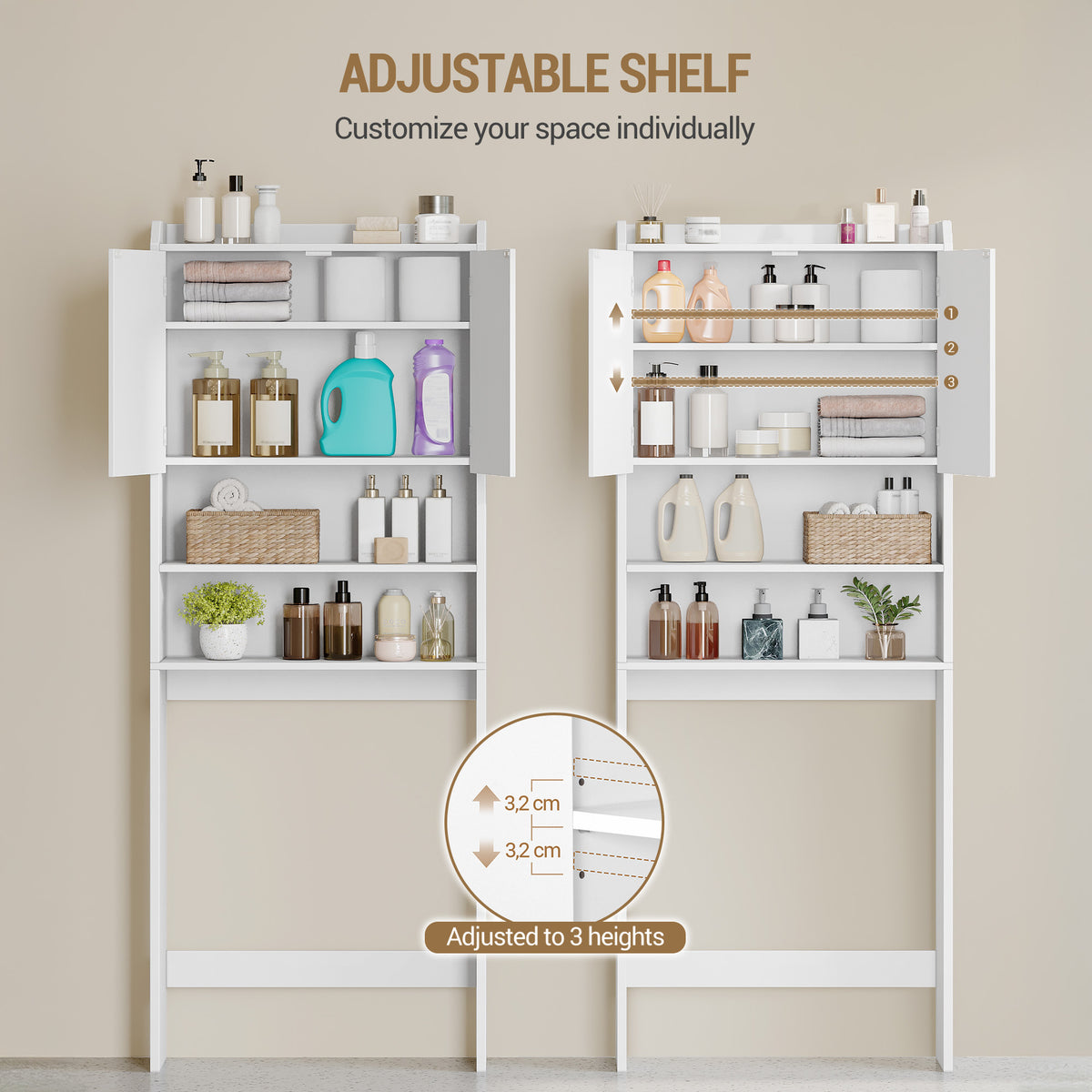 Hzuaneri Washing Machine Cabinet, Washing Machine Shelf with 2 Doors, Toilet Shelf, Adjustable Shelves, Bathroom Shelf Over Washing Machine/Toilet, 24 x 65 x 185 cm, White, LR65003X