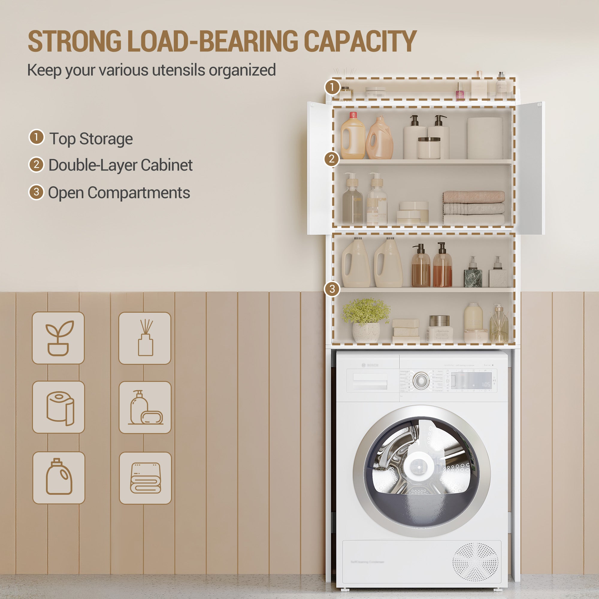 Hzuaneri Washing Machine Cabinet, Washing Machine Shelf with 2 Doors, Toilet Shelf, Adjustable Shelves, Bathroom Shelf Over Washing Machine/Toilet, 24 x 65 x 185 cm, White, LR65003X