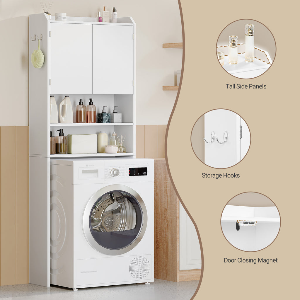 Hzuaneri Washing Machine Cabinet, Washing Machine Shelf with 2 Doors, Toilet Shelf, Adjustable Shelves, Bathroom Shelf Over Washing Machine/Toilet, 24 x 65 x 185 cm, White, LR65003X
