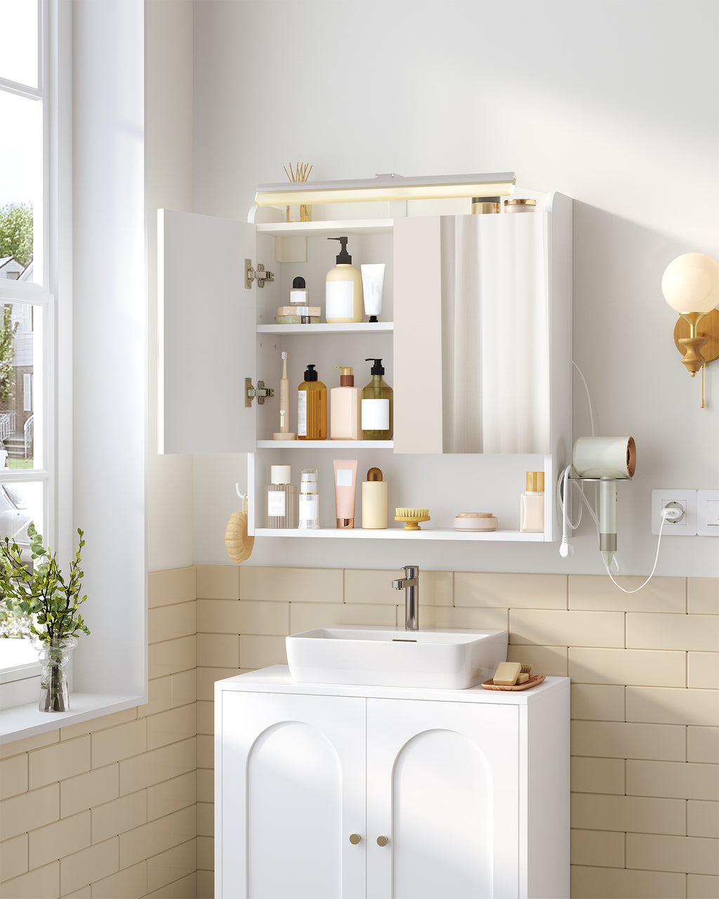 Hzuaneri Bathroom Mirror Cabinet with Lighting, Bathroom Cabinet with Mirror, White