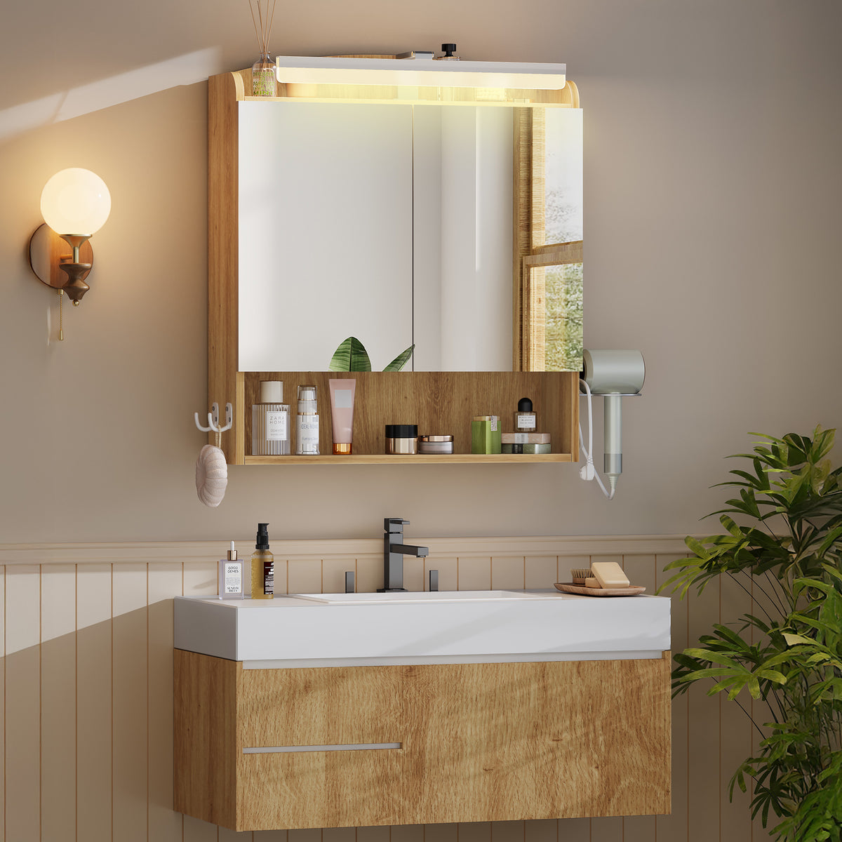 Hzuaneri Bathroom Cabinet with Mirror, Bathroom Wall Cabinet with LED Lighting, Mirror Cabinets with Doors and Open Compartment, Adjustable Shelf, Hair Dryer Shelf and Hooks Oak Beige, MC10026X