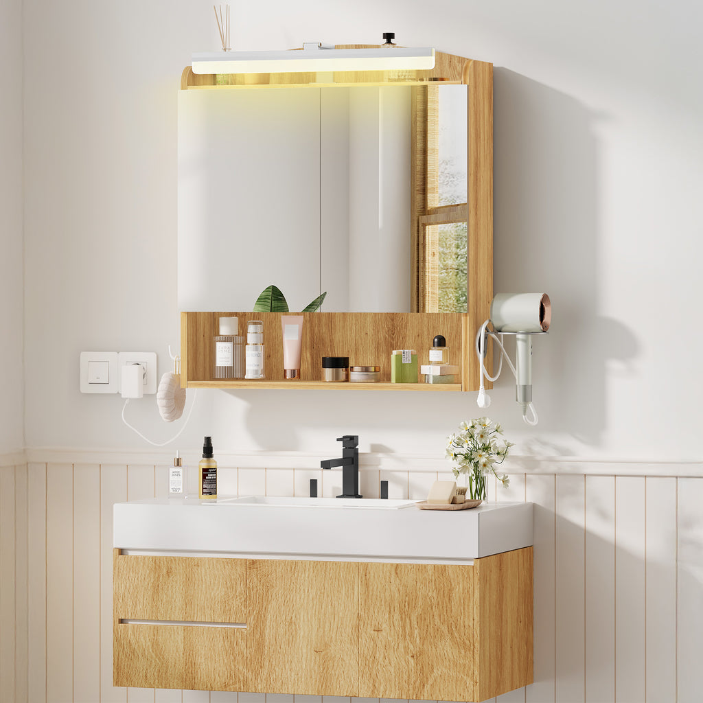 Hzuaneri Bathroom Cabinet with Mirror, Bathroom Wall Cabinet with LED Lighting, Mirror Cabinets with Doors and Open Compartment, Adjustable Shelf, Hair Dryer Shelf and Hooks Oak Beige, MC10026X