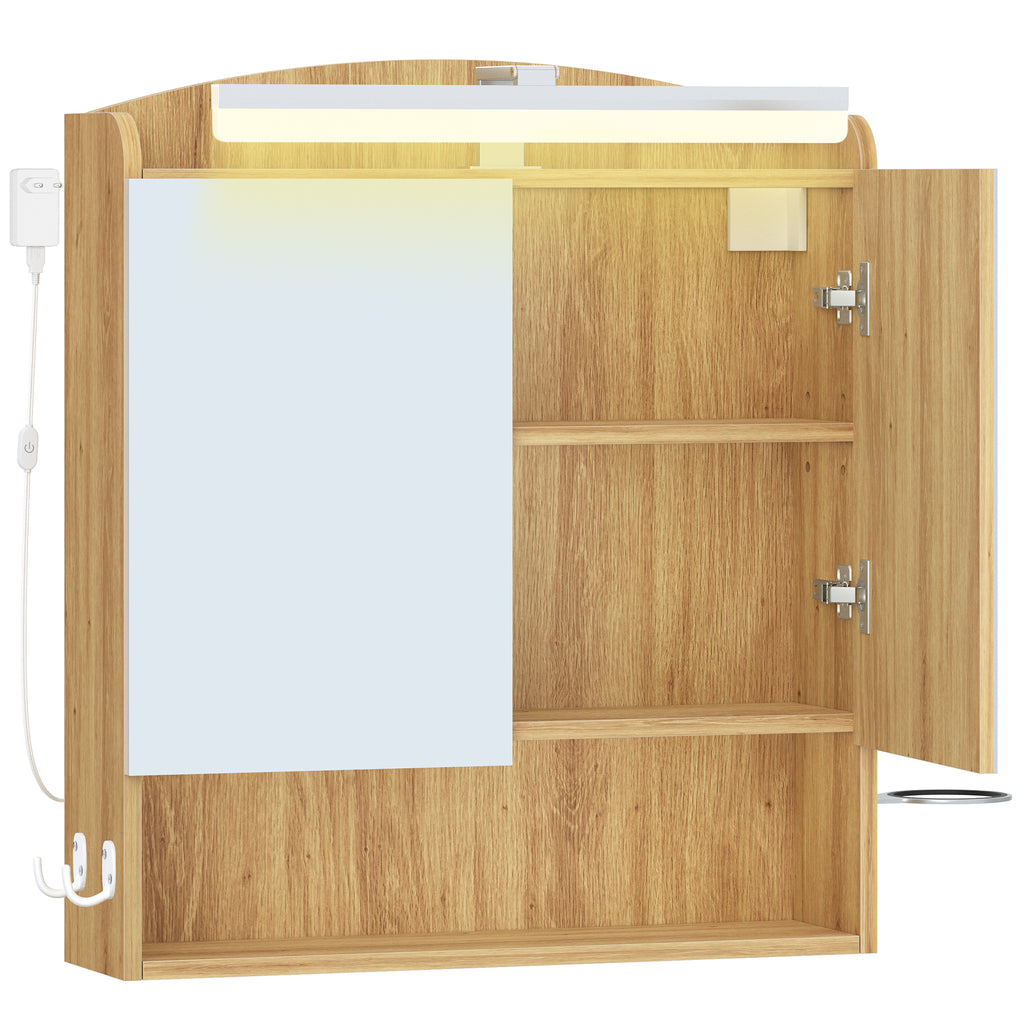 Hzuaneri Bathroom Cabinet with Mirror, Bathroom Wall Cabinet with LED Lighting, Mirror Cabinets with Doors and Open Compartment, Adjustable Shelf, Hair Dryer Shelf and Hooks Oak Beige, MC10026X