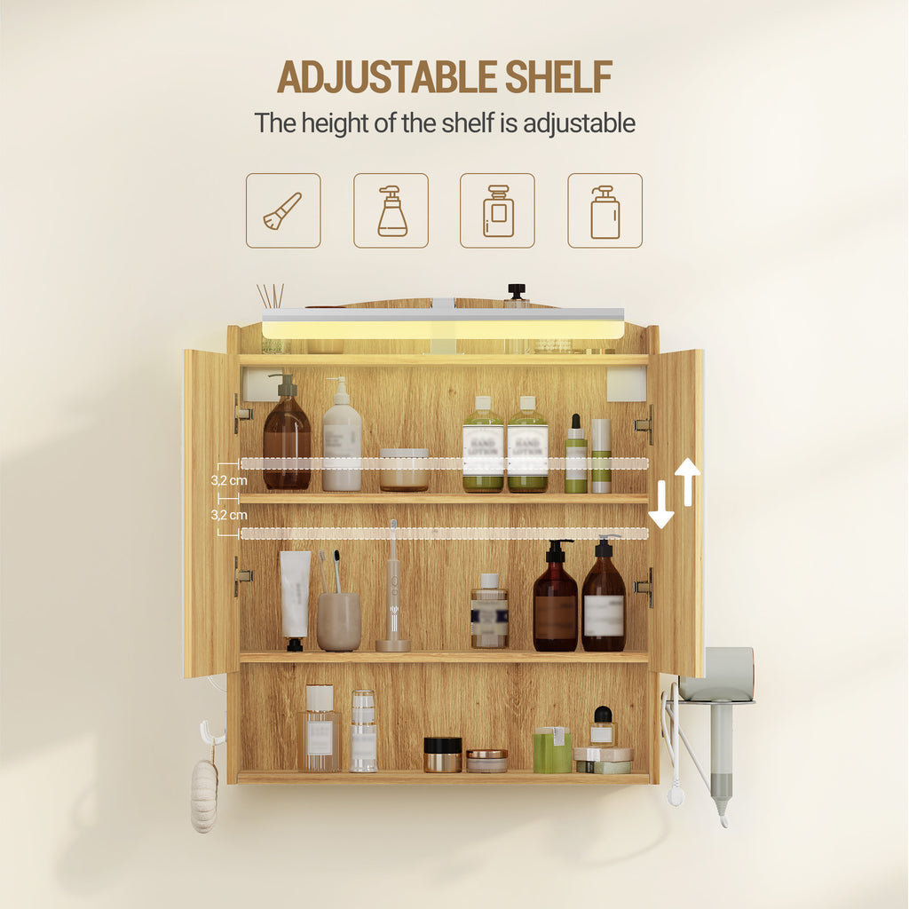 Hzuaneri Bathroom Cabinet with Mirror, Bathroom Wall Cabinet with LED Lighting, Mirror Cabinets with Doors and Open Compartment, Adjustable Shelf, Hair Dryer Shelf and Hooks Oak Beige, MC10026X
