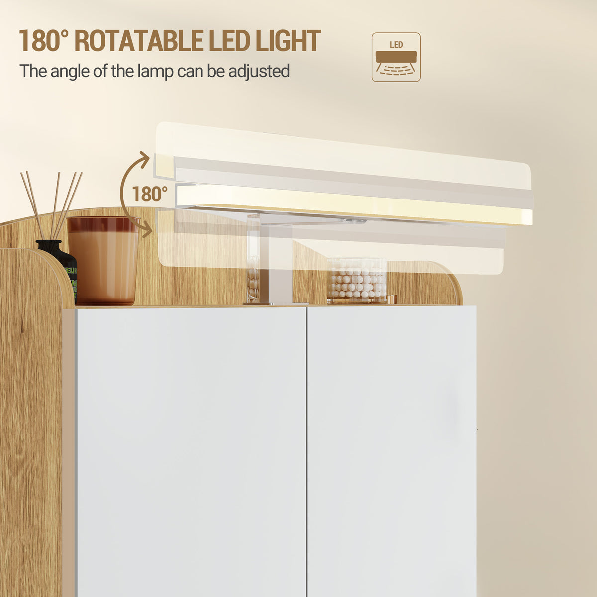 Hzuaneri Bathroom Cabinet with Mirror, Bathroom Wall Cabinet with LED Lighting, Mirror Cabinets with Doors and Open Compartment, Adjustable Shelf, Hair Dryer Shelf and Hooks Oak Beige, MC10026X