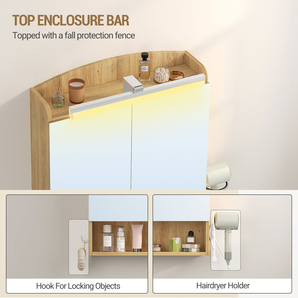 Hzuaneri Bathroom Cabinet with Mirror, Bathroom Wall Cabinet with LED Lighting, Mirror Cabinets with Doors and Open Compartment, Adjustable Shelf, Hair Dryer Shelf and Hooks Oak Beige, MC10026X