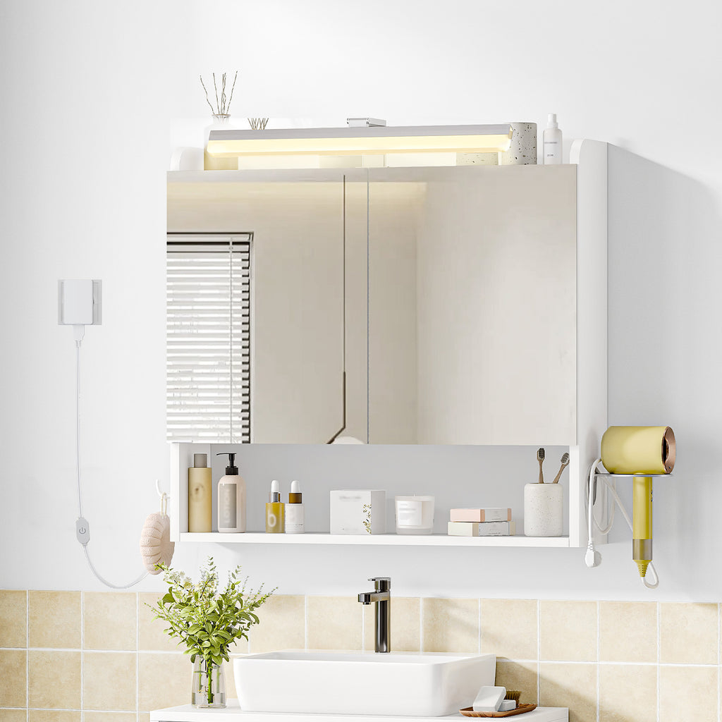 Hzuaneri Bathroom Mirror Cabinet with Lighting, Bathroom Cabinet with Mirror, Wall Cabinet, Hair Dryer Holder and Hooks, with Plug, Adjustable Shelves, White, 16.5 x 70 x 75 cm MC10103X