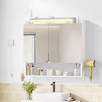Hzuaneri Bathroom Mirror Cabinet with Lighting, Bathroom Cabinet with Mirror, Wall Cabinet, Hair Dryer Holder and Hooks, with Plug, Adjustable Shelves, White, 16.5 x 70 x 75 cm MC10103X
